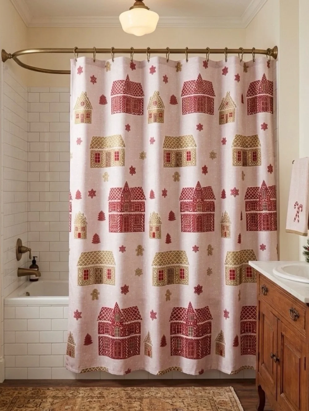 CHRISTMAS GINGERBREAD HOUSES FABRIC SHOWER CURTAIN PINK GOLD METALLIC SPARKLE